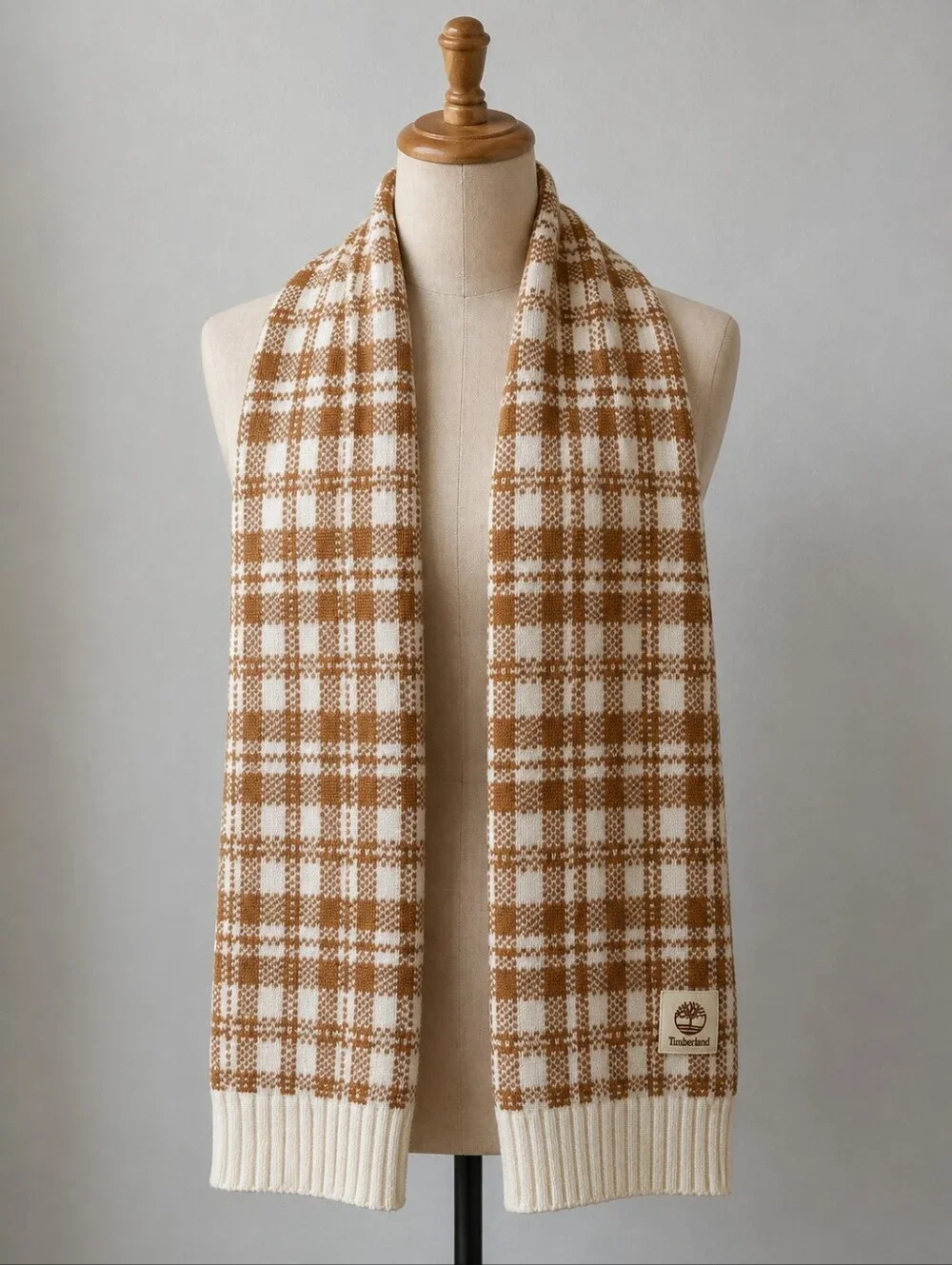 Timberland Cream and Brown Plaid Knit Scarf